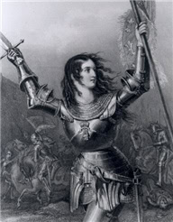 An illustration of Joan of Arc raising her arms
